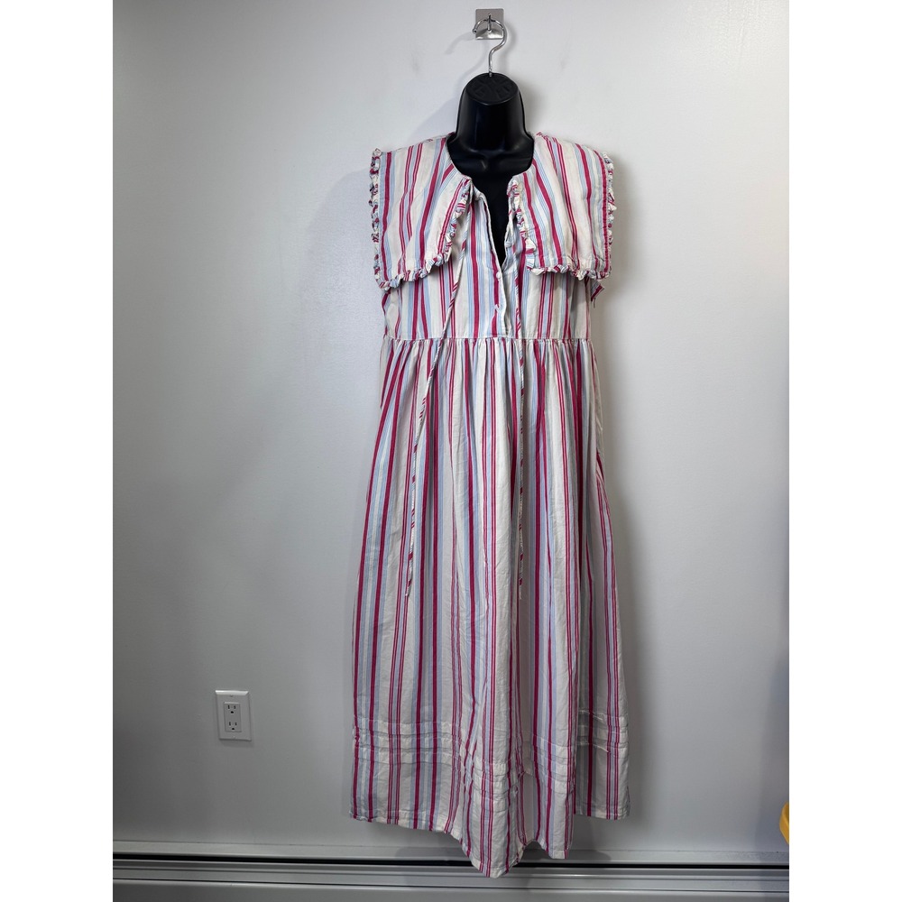 Damson Madder Josephine Midi Dress White Pink Striped Ruffle Collar Size 14